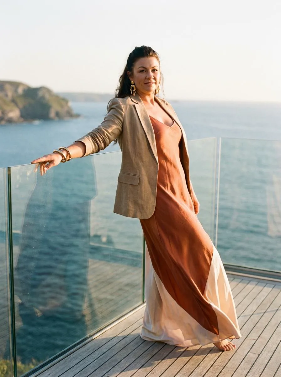 Donna on a glass-fronted terrace above the sea at sunset